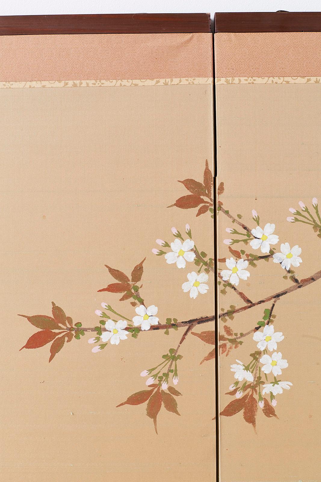 Brass Japanese Four-Panel Screen Spring Cherry Blossom Tree