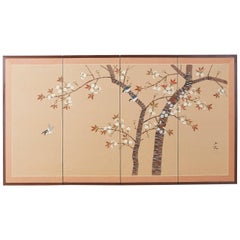Japanese Four-Panel Screen Spring Cherry Blossom Tree