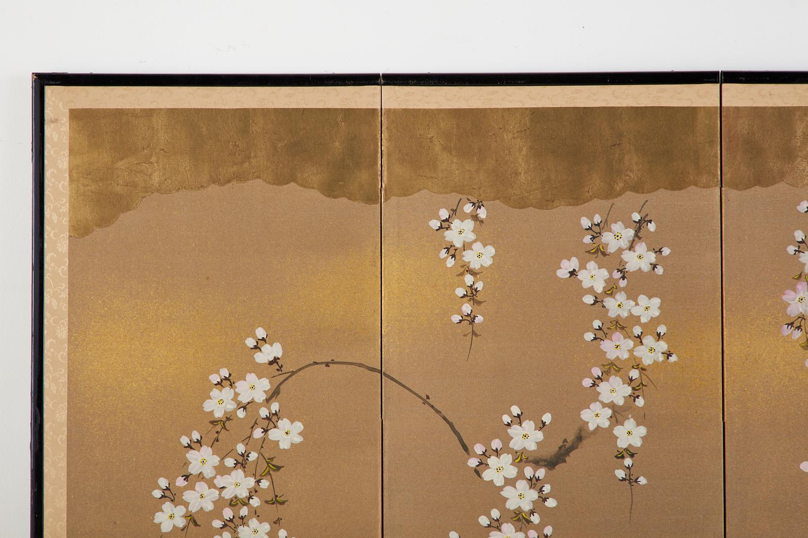 Brass Japanese Four Panel Screen Spring Cherry Blossoms