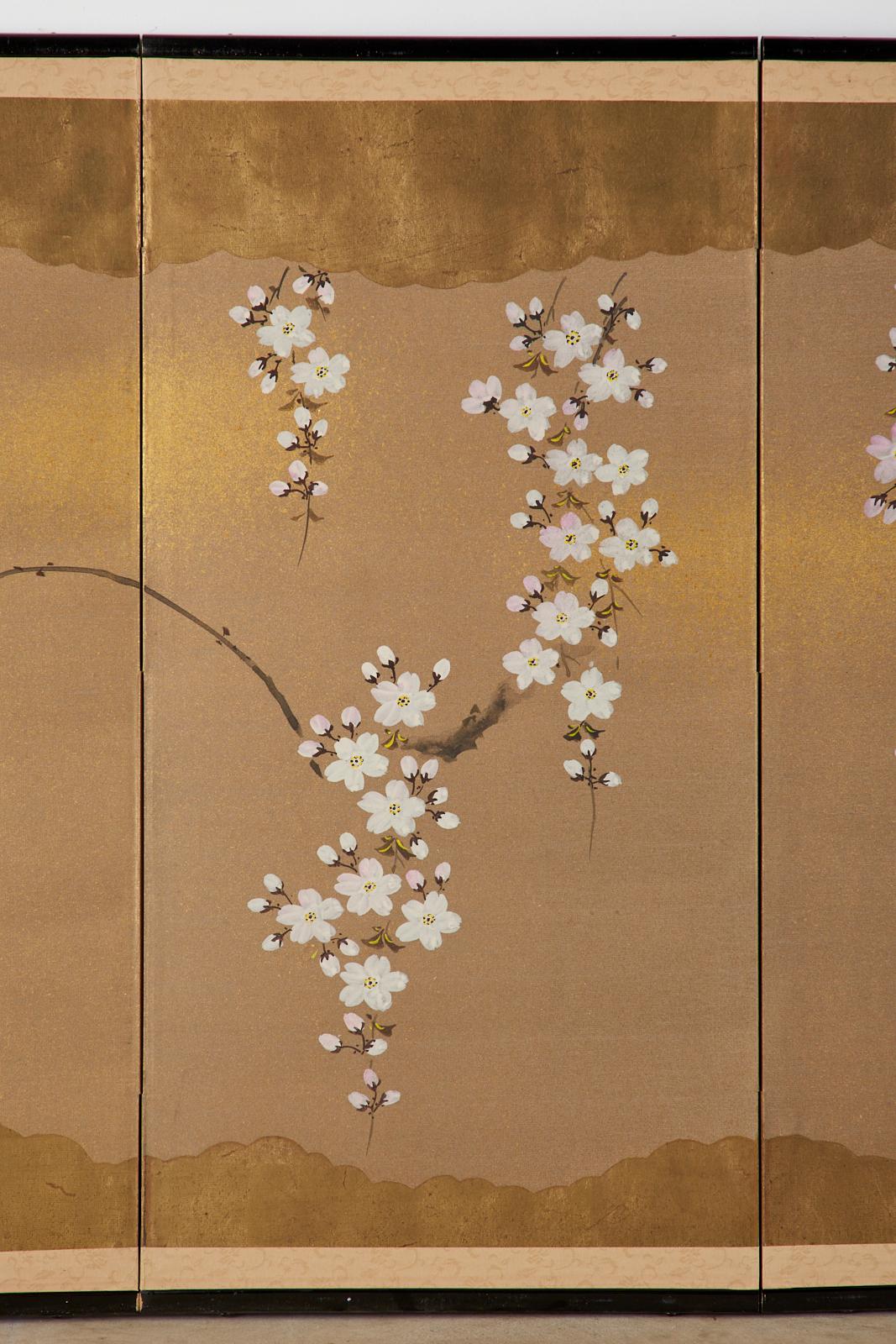 Ebonized Japanese Four Panel Screen Spring Cherry Blossoms