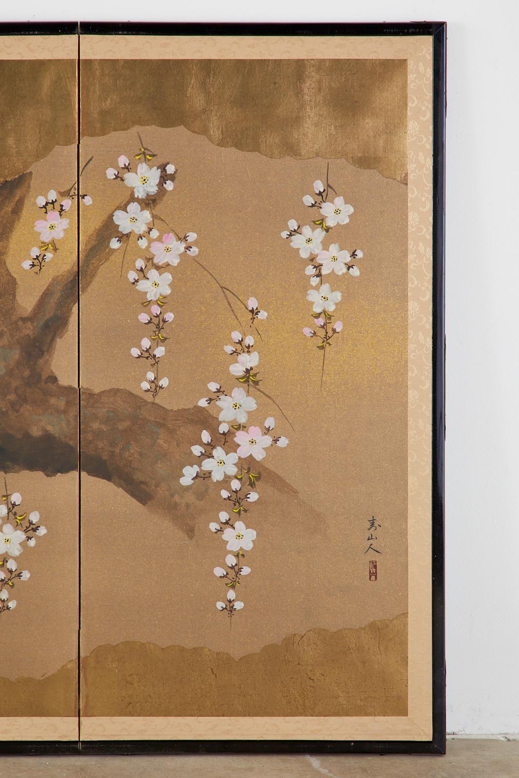 20th Century Japanese Four Panel Screen Spring Cherry Blossoms