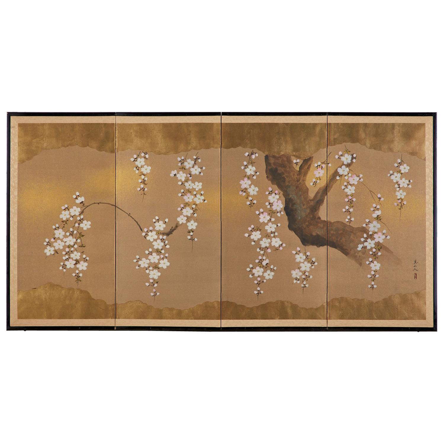 Japanese Four Panel Screen Spring Cherry Blossoms