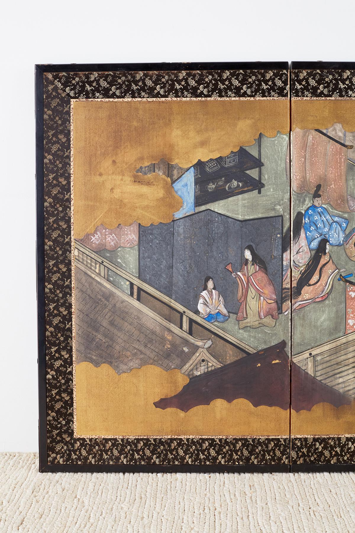 Lacquered Japanese Four-Panel Screen Tales of Genji Episode