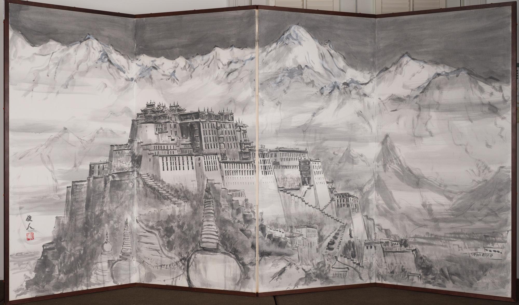 Powerful depiction of sprawling monastery with massive mountains in the background. Ink on paper. Signature and seal read: Tetsuzan.
