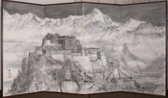 Japanese Four Panel Screen Tibetan Mountain Monastery