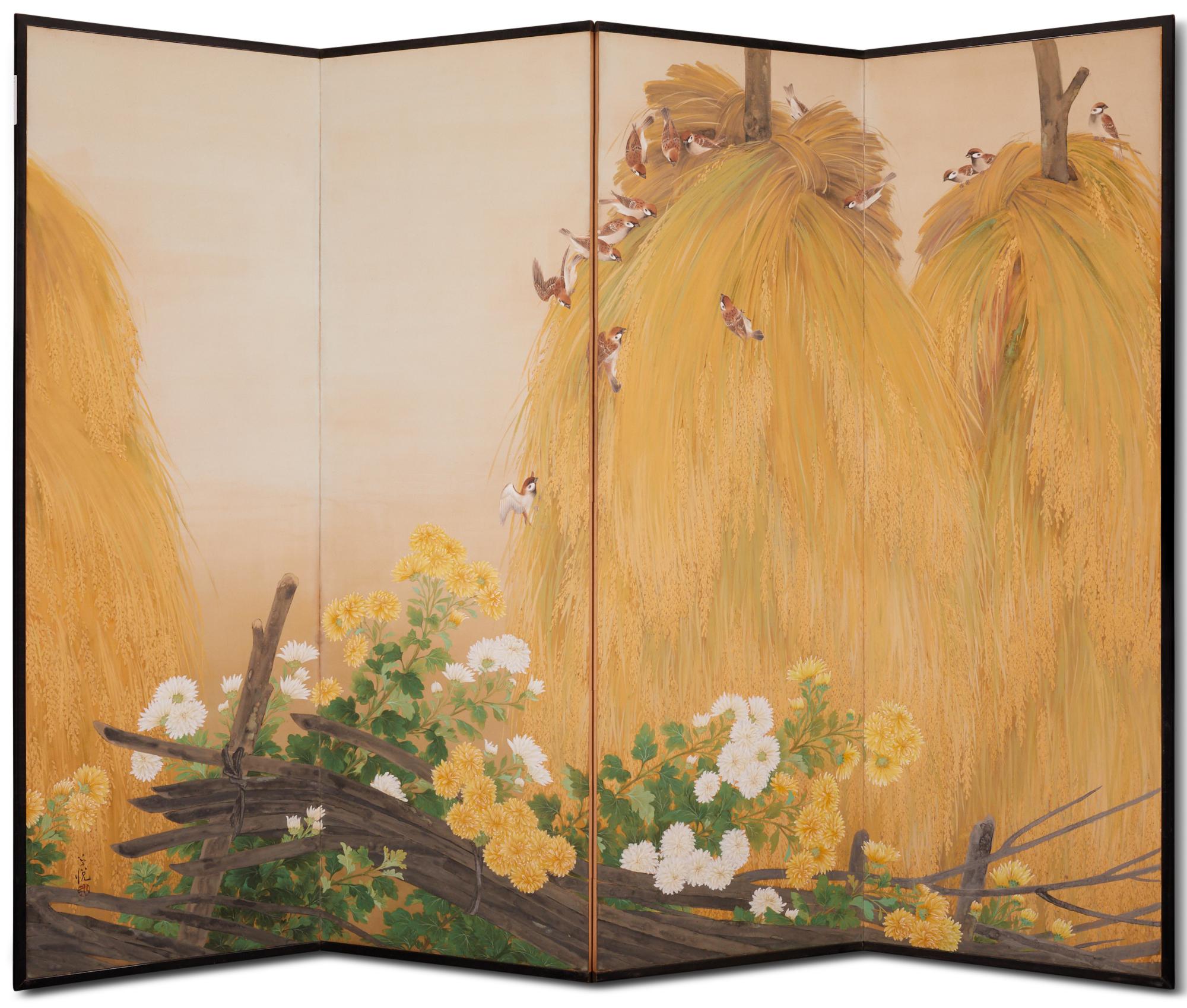 Japanese Four Panel Screen: Tree Sparrows on Drying Stacks of Bailed Rice  For Sale 3