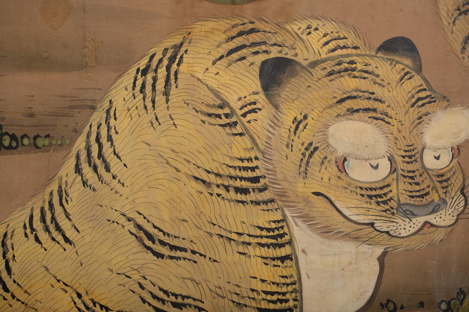 Japonais Paravent japonais à quatre panneaux : Deux tigres en vente