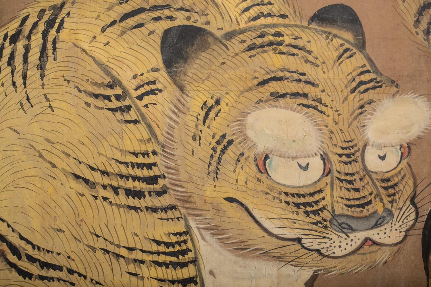 Paravent japonais à quatre panneaux : Deux tigres Bon état - En vente à Hudson, NY