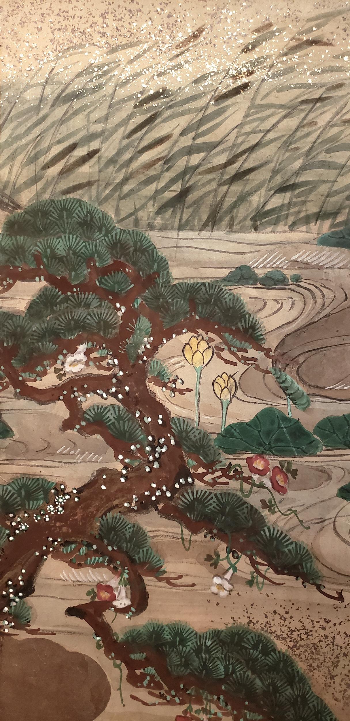 Japanese four-panel screen: Water landscape, Meiji period (1868-1912) painting of a waterfall on the left, leading to a meandering stream amongst a hilly landscape. Lotus flowers and leaves rise above the surface, water grasses bend in the breeze,