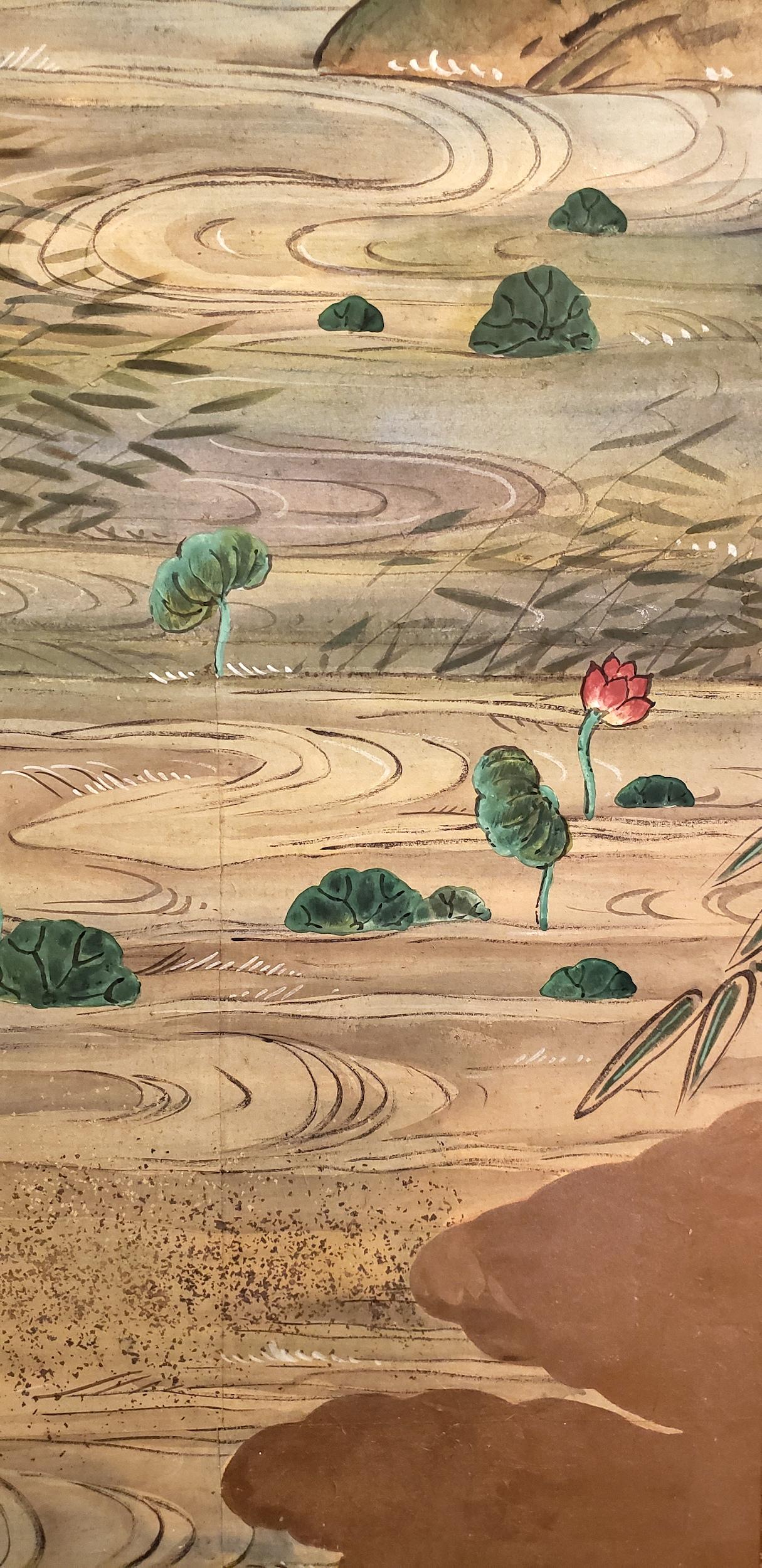 Early 20th Century Japanese Four-Panel Screen Water Landscape For Sale