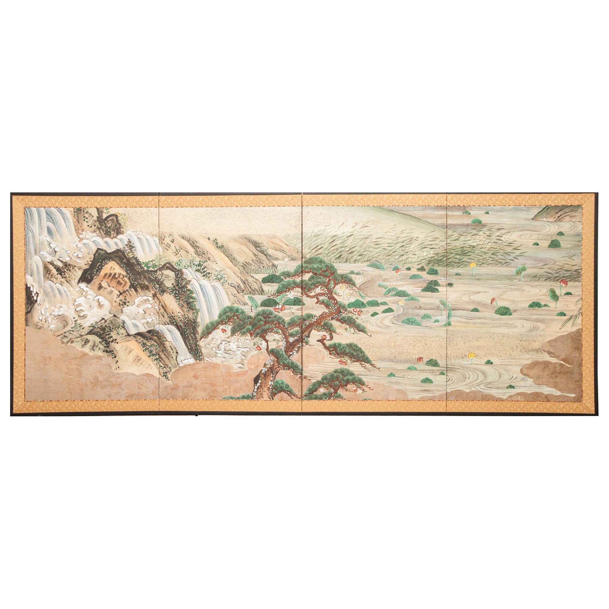 Paravent japonais à quatre panneaux - Paysage aquatique en vente