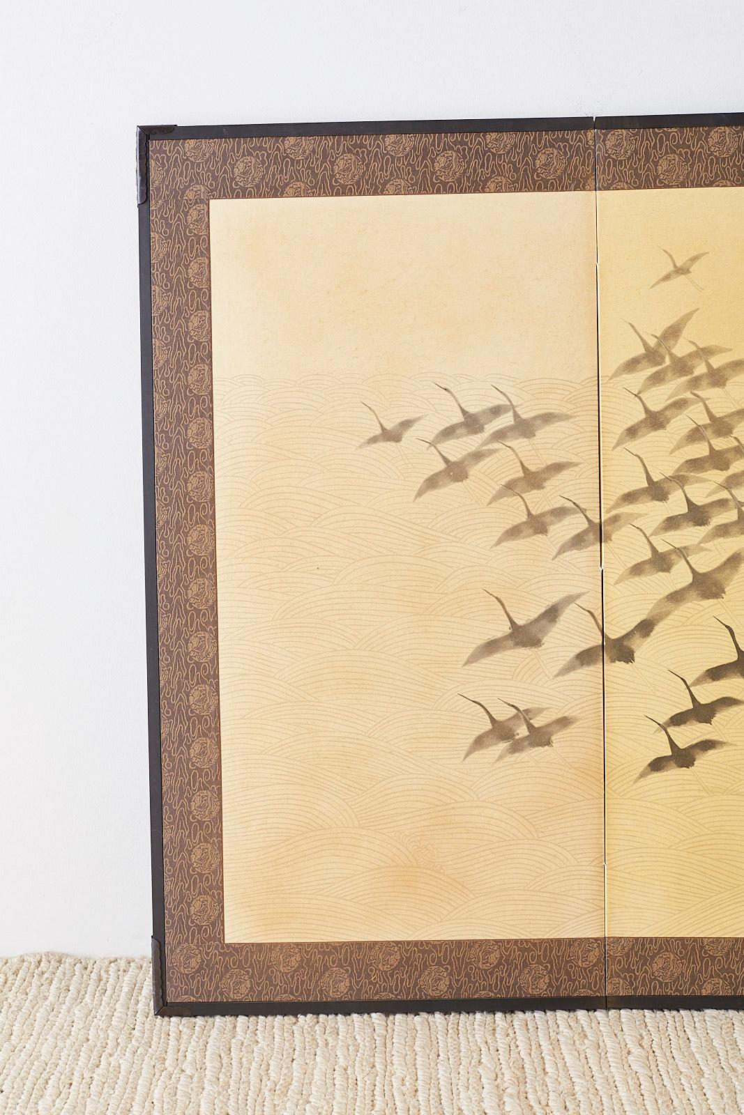 Modern Japanese Four-Panel Screen Wild Geese in Flight