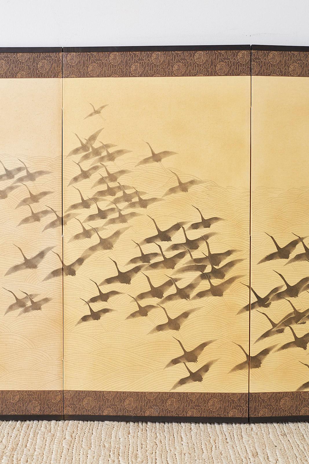 Hand-Crafted Japanese Four-Panel Screen Wild Geese in Flight