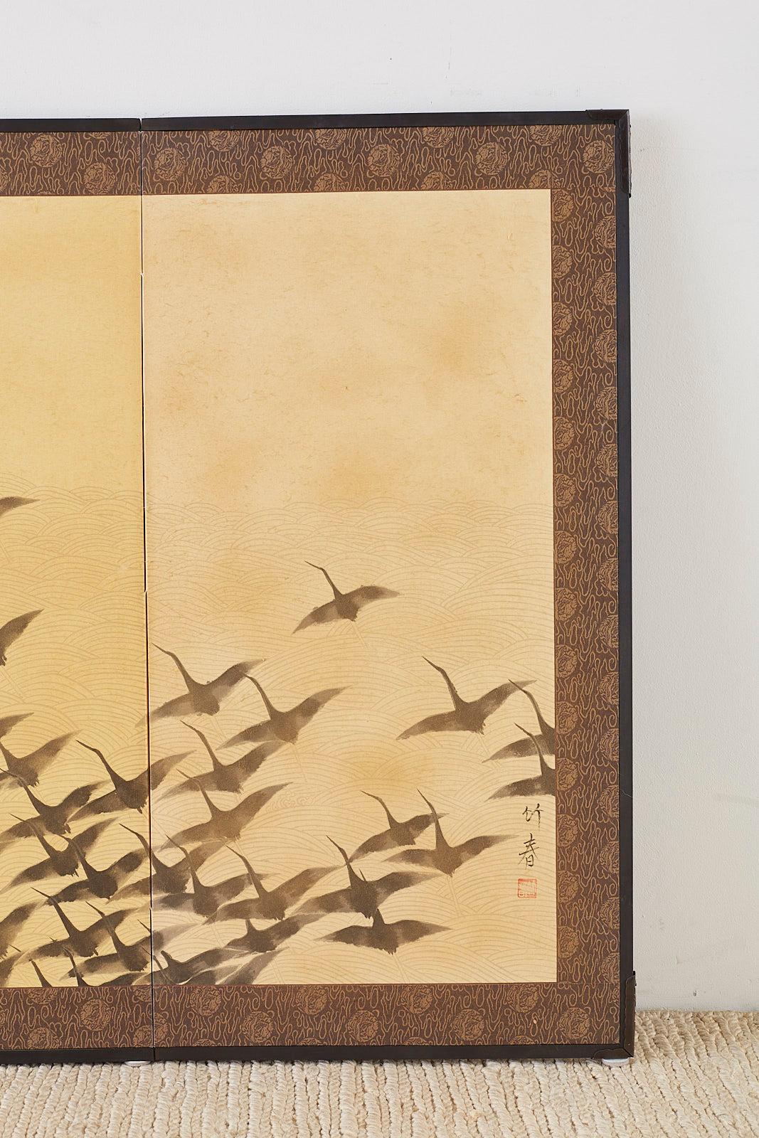 20th Century Japanese Four-Panel Screen Wild Geese in Flight