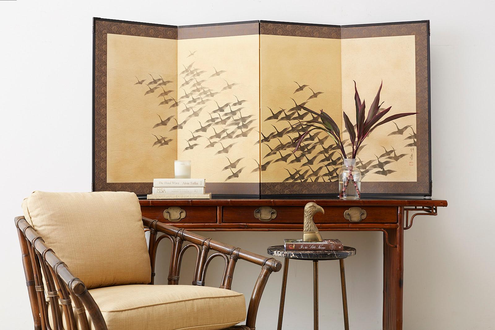 Wood Japanese Four-Panel Screen Wild Geese in Flight