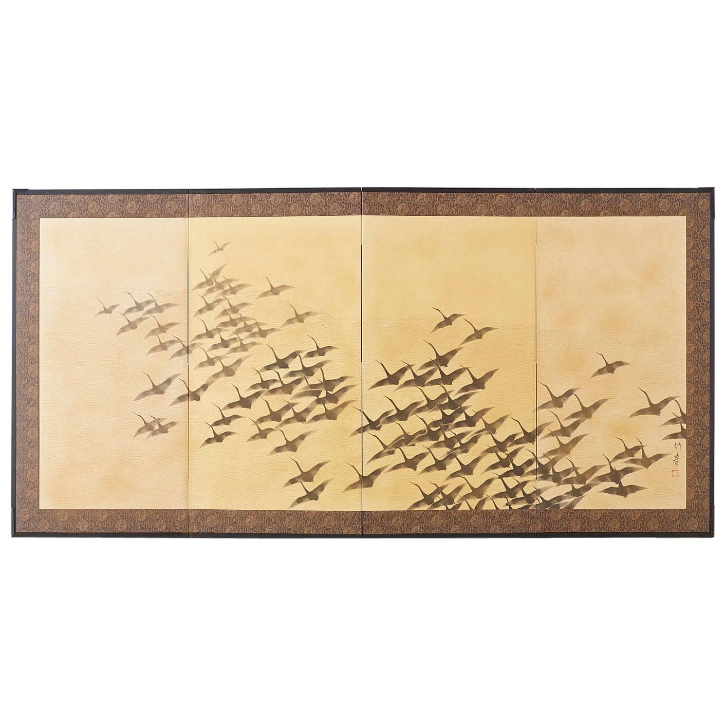 Japanese Four-Panel Screen Wild Geese in Flight