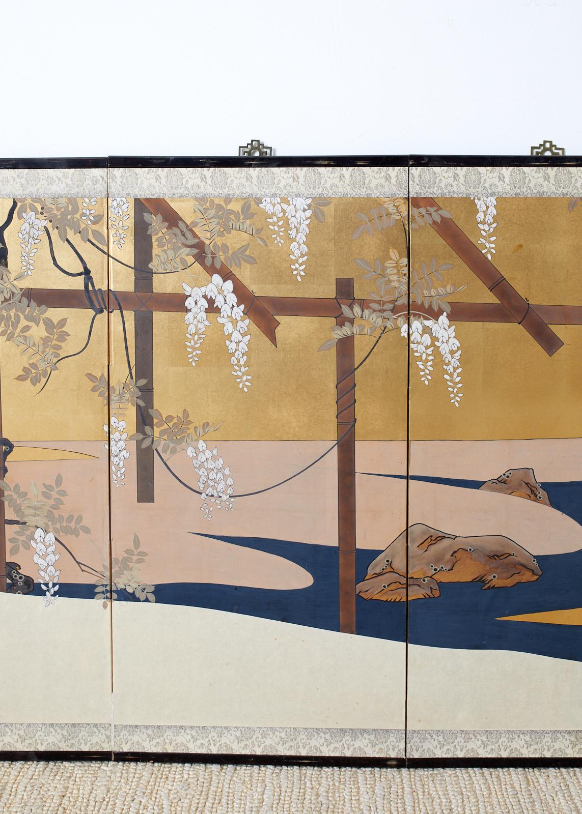 Showa Japanese Four-Panel Screen Wisteria Iris Spring Landscape