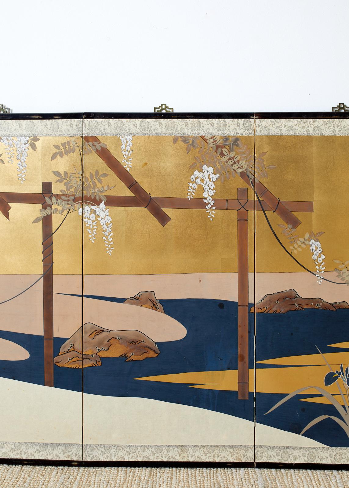 Gilt Japanese Four-Panel Screen Wisteria Iris Spring Landscape