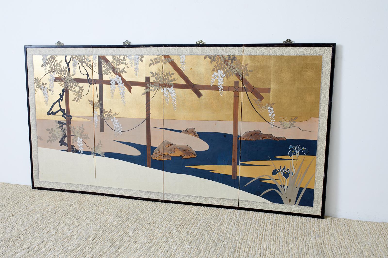 20th Century Japanese Four-Panel Screen Wisteria Iris Spring Landscape