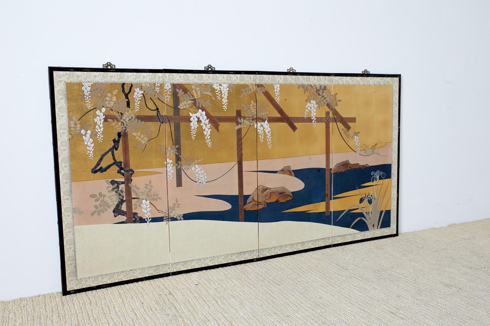 Brass Japanese Four-Panel Screen Wisteria Iris Spring Landscape