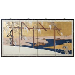 Japanese Four-Panel Screen Wisteria Iris Spring Landscape