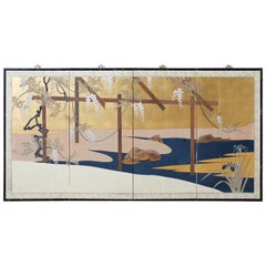 Japanese Four-Panel Screen Wisteria Iris Spring Landscape