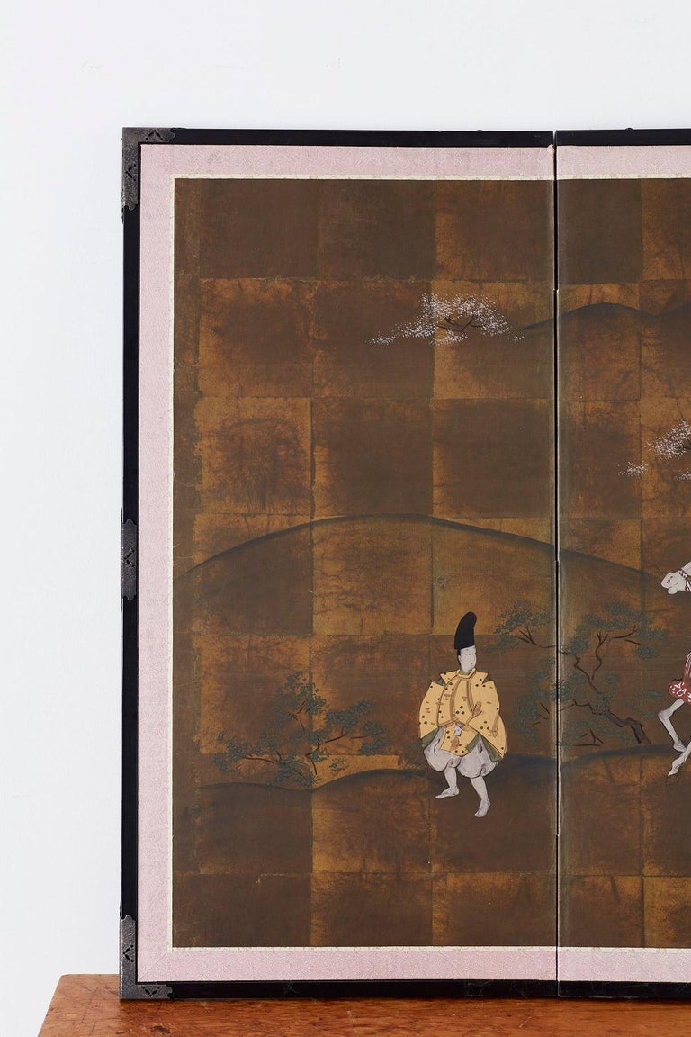 Lacquered Japanese Four Panel Showa Period Narrative Tale Screen For Sale