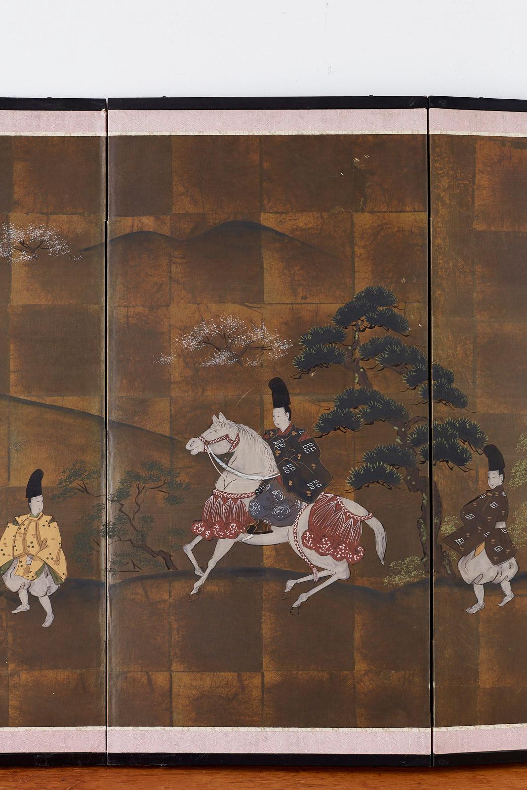 Lacquered Japanese Four Panel Showa Period Narrative Tale Screen