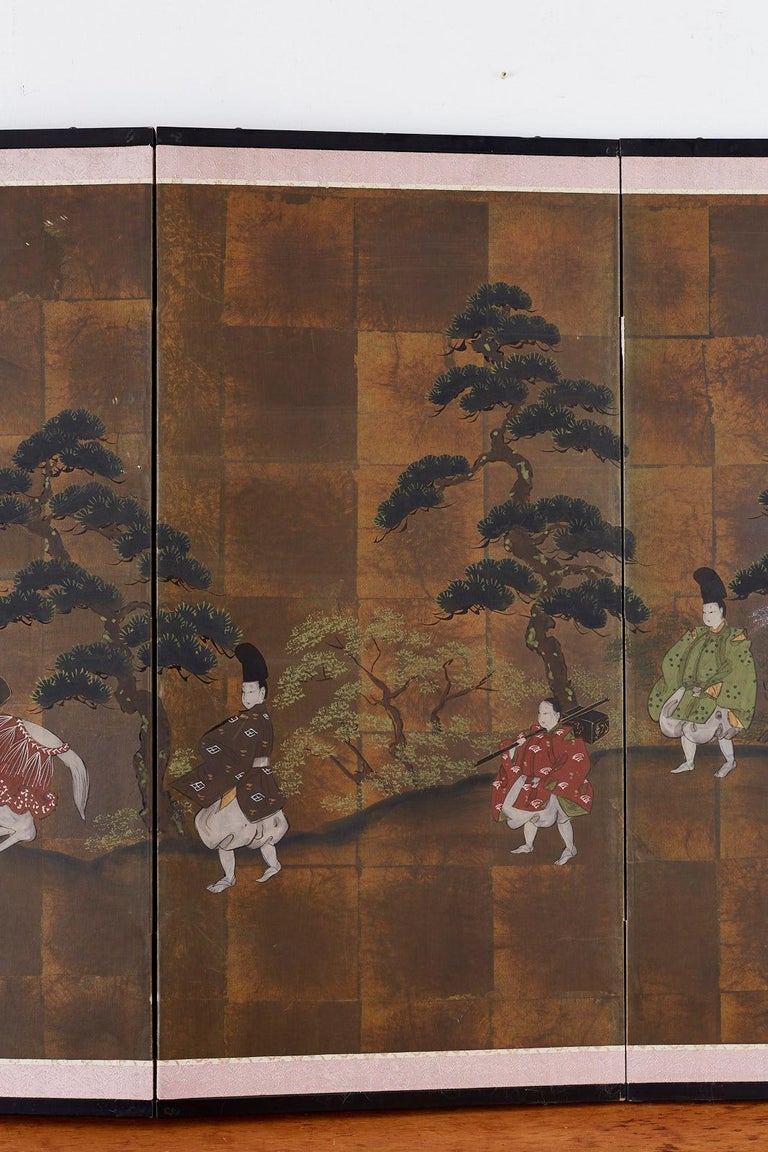 20th Century Japanese Four Panel Showa Period Narrative Tale Screen For Sale