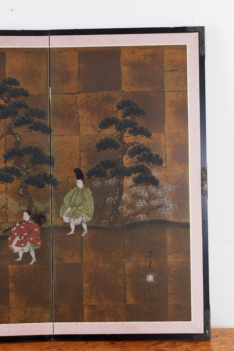 Wood Japanese Four Panel Showa Period Narrative Tale Screen For Sale