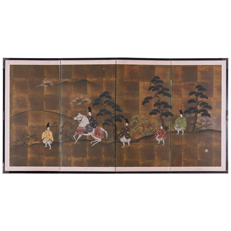 Japanese Four Panel Showa Period Narrative Tale Screen For Sale