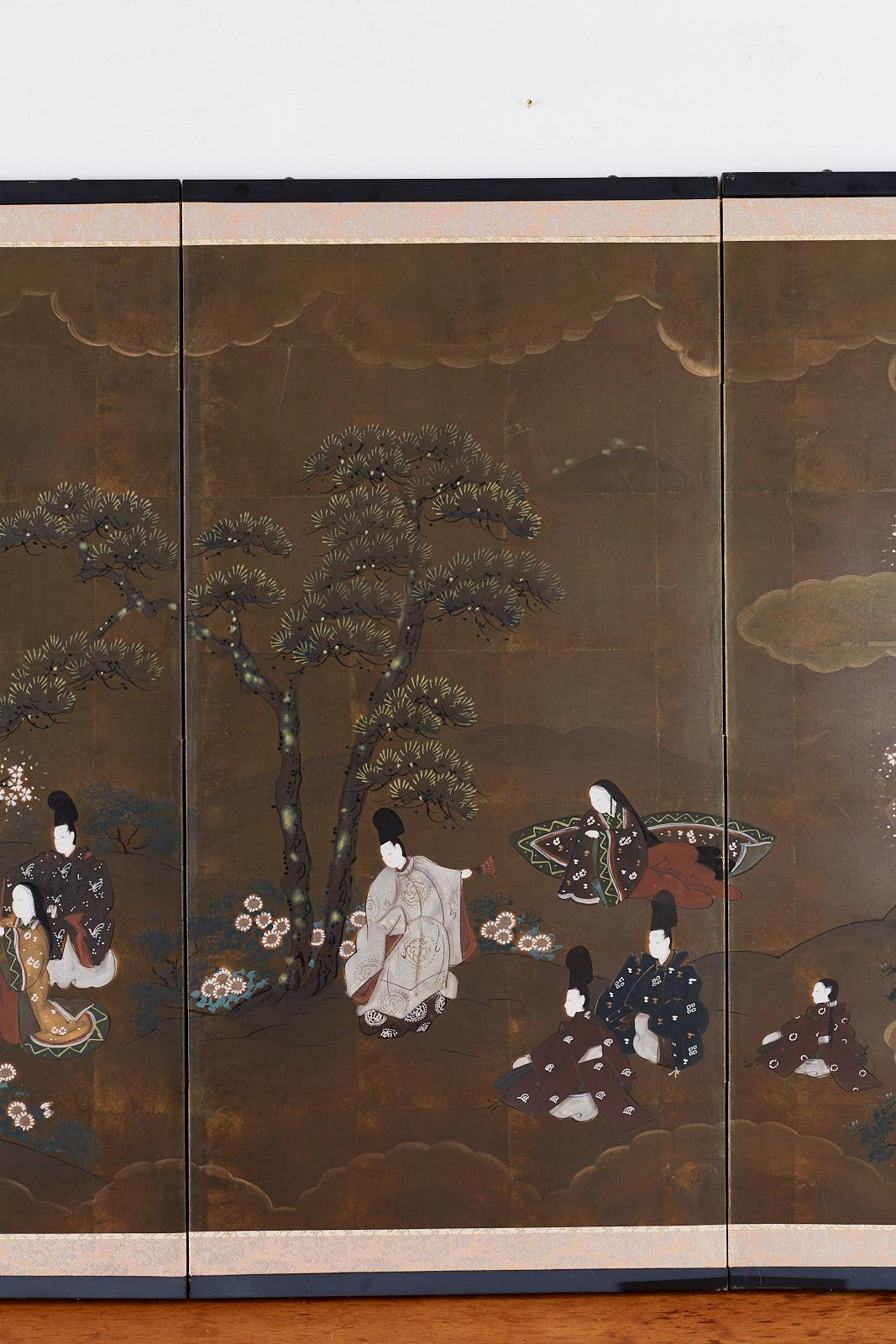 Wood Japanese Four Panel Showa Period Spring Tales Screen