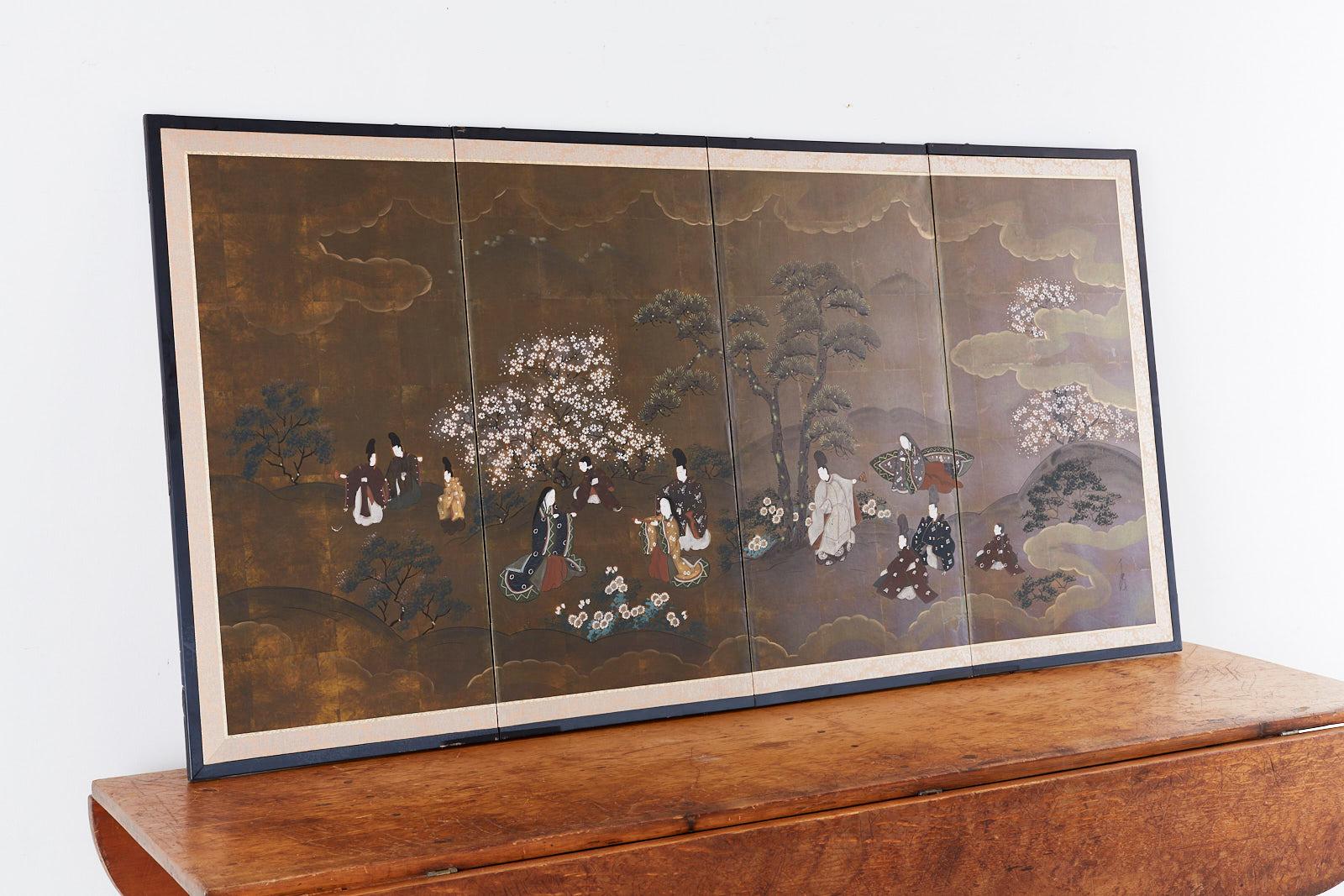 Japanese Four Panel Showa Period Spring Tales Screen 2
