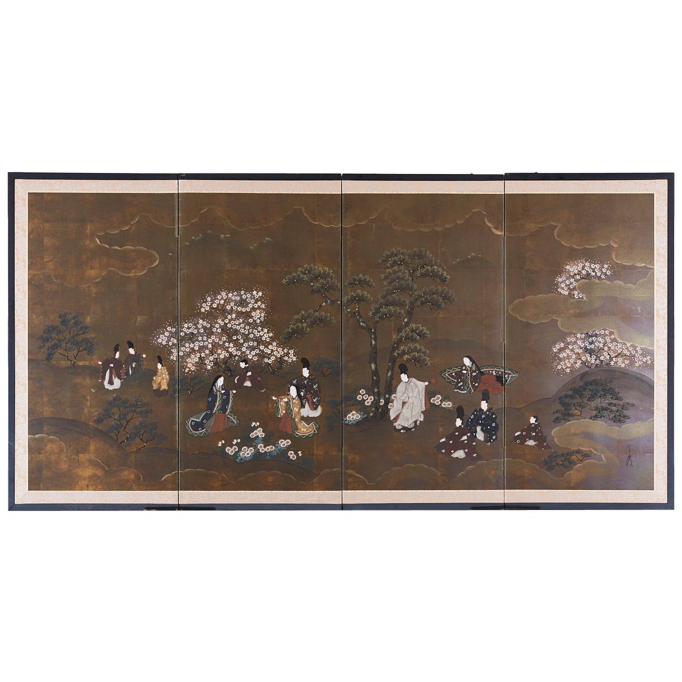 Japanese Four Panel Showa Period Spring Tales Screen