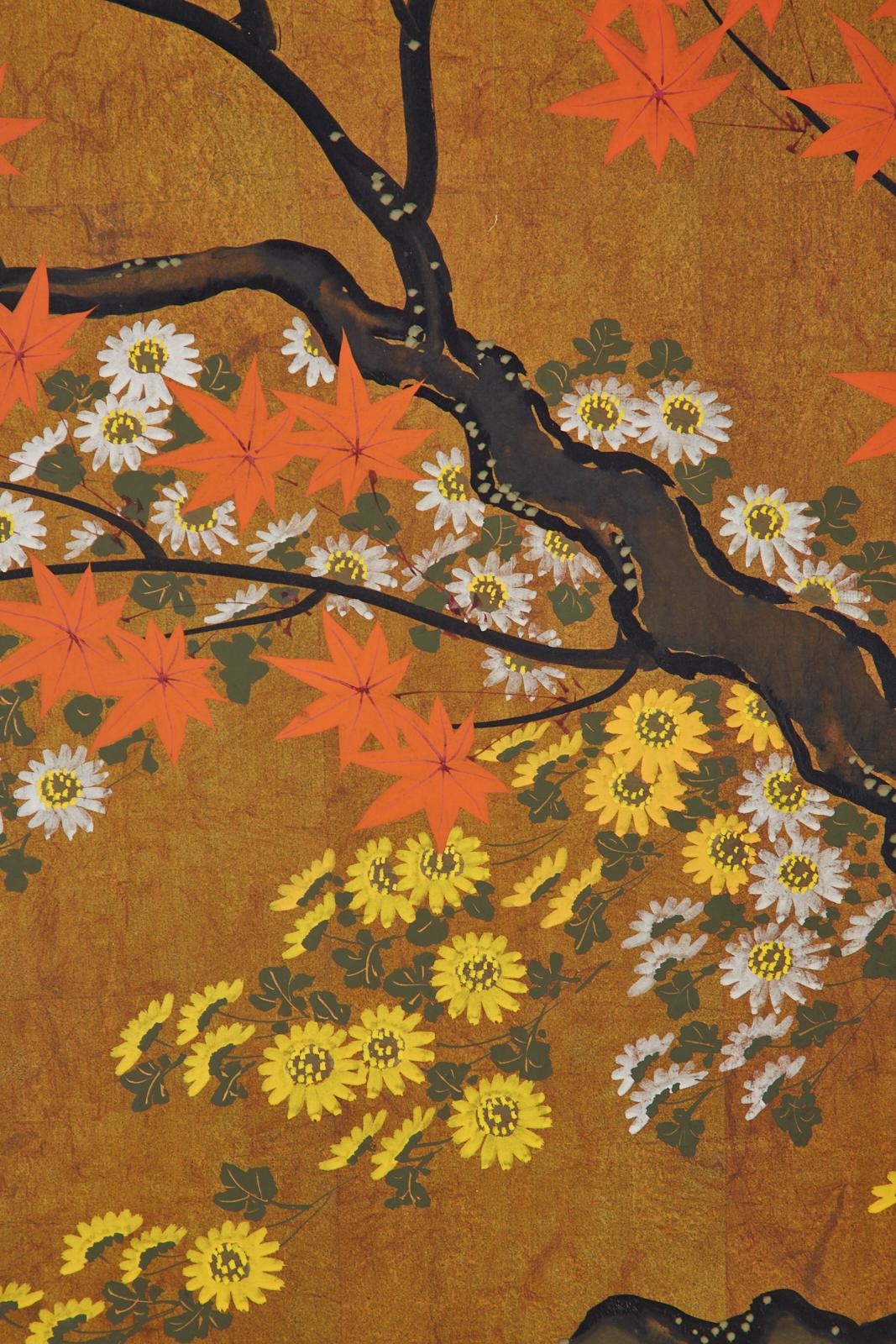 Japanese Four-Panel Showa Screen Autumn Maple and Chrysanthemums 9