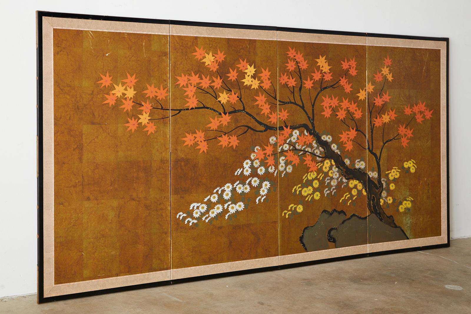 Ebonized Japanese Four-Panel Showa Screen Autumn Maple and Chrysanthemums