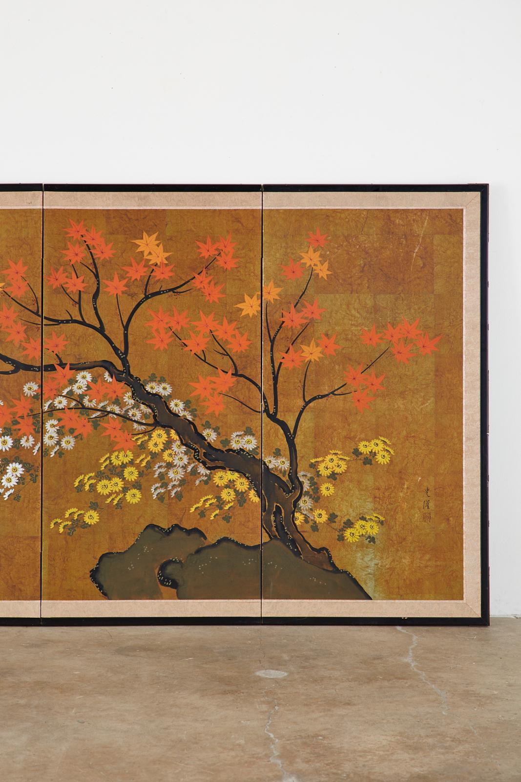 20th Century Japanese Four-Panel Showa Screen Autumn Maple and Chrysanthemums