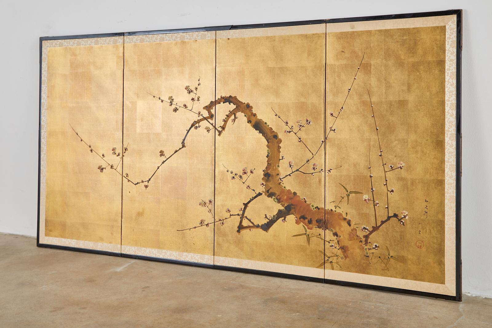 Japanese Four-Panel Showa Screen Flowering Plum Tree 6