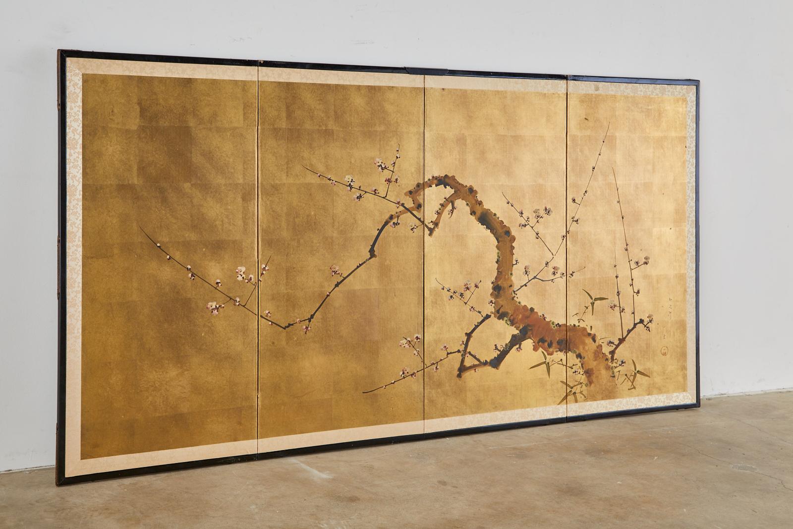 Japanese Four-Panel Showa Screen Flowering Plum Tree 7