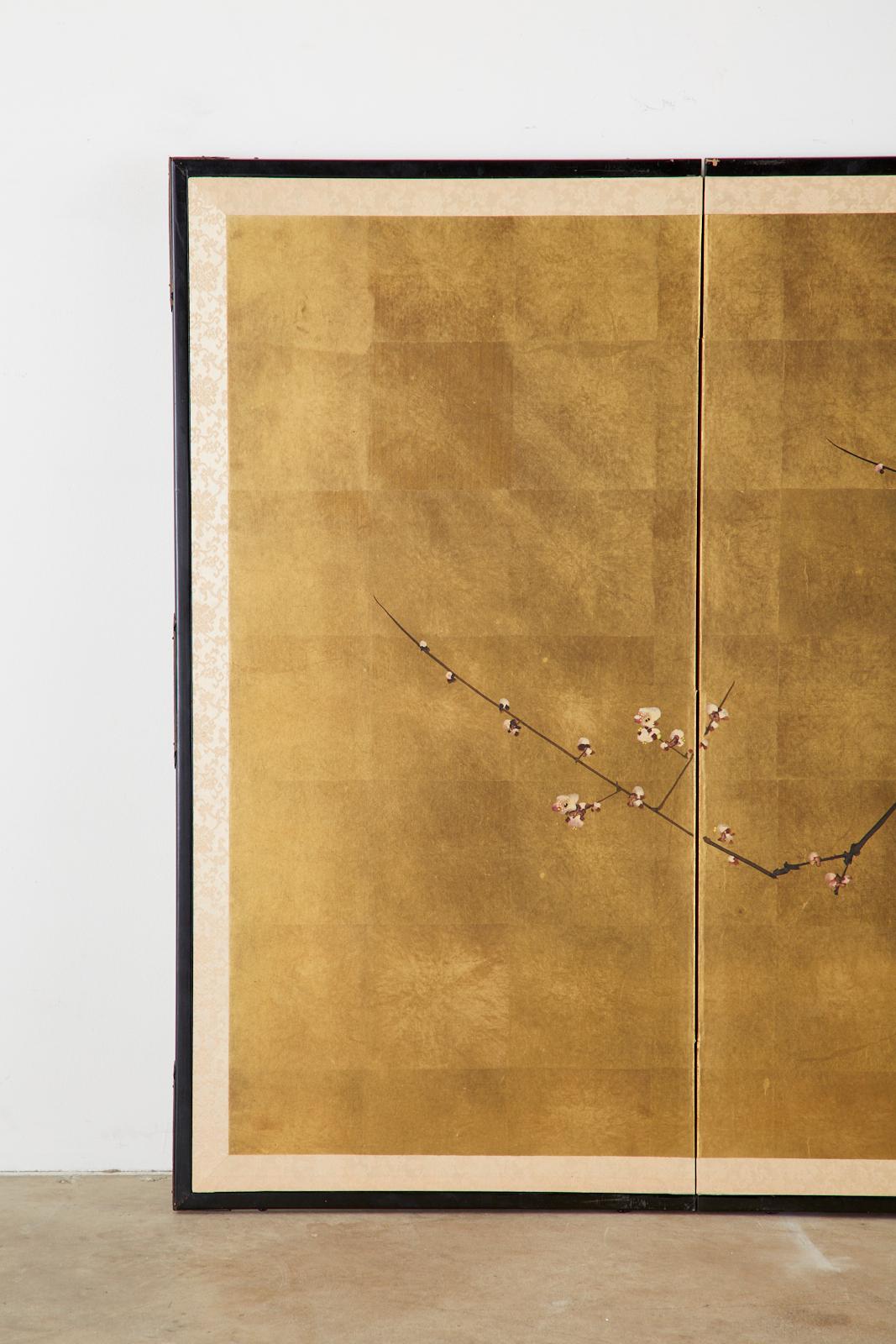 Ebonized Japanese Four-Panel Showa Screen Flowering Plum Tree