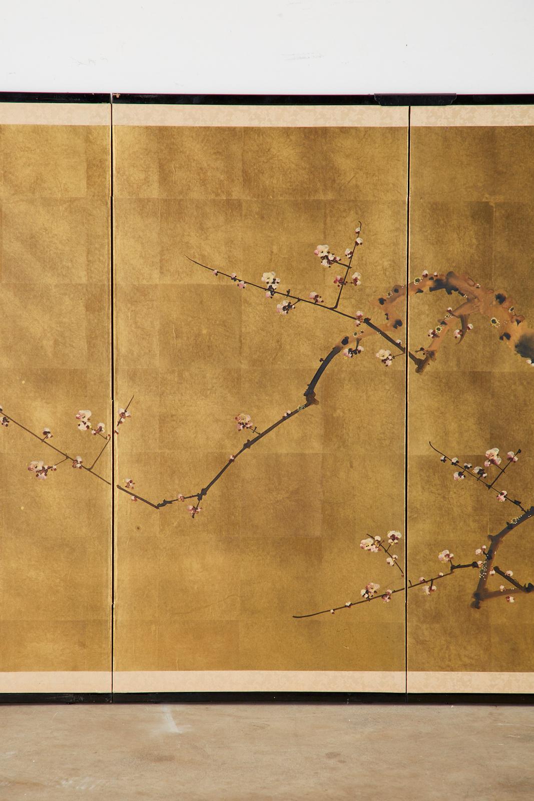 Japanese Four-Panel Showa Screen Flowering Plum Tree In Good Condition In Rio Vista, CA