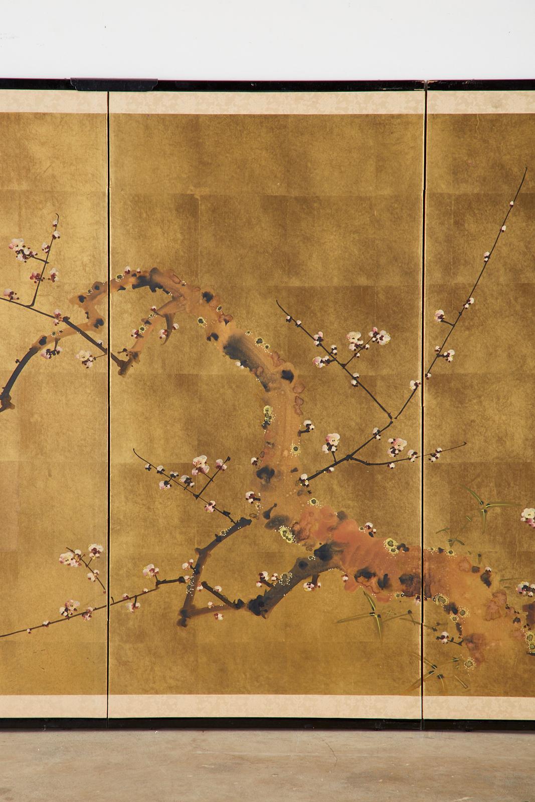 20th Century Japanese Four-Panel Showa Screen Flowering Plum Tree