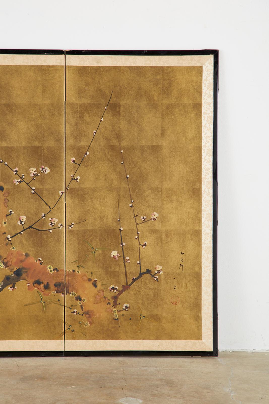 Brass Japanese Four-Panel Showa Screen Flowering Plum Tree
