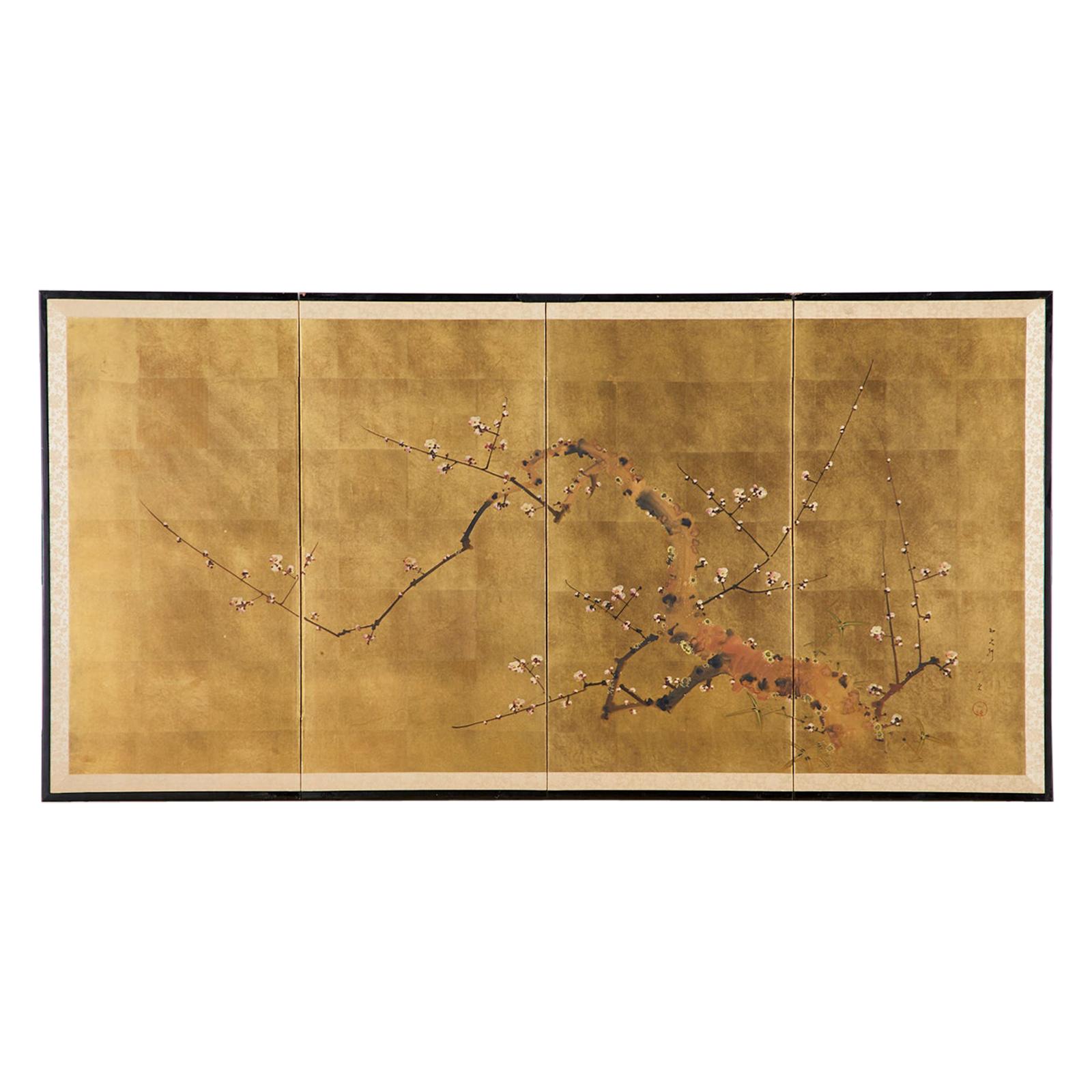 Japanese Four-Panel Showa Screen Flowering Plum Tree