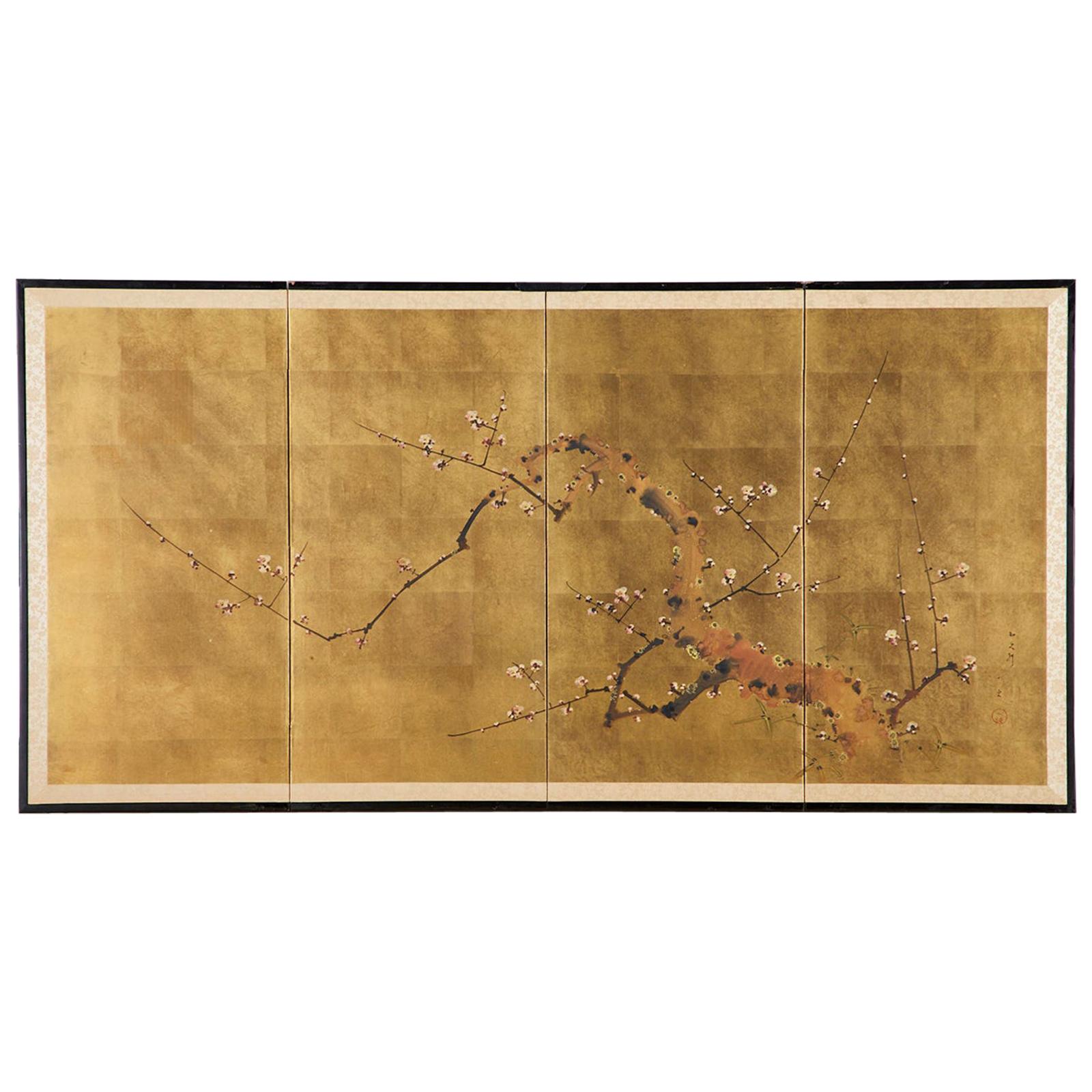 Japanese Four-Panel Showa Screen Flowering Plum Tree