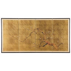 Japanese Four-Panel Showa Screen Flowering Plum Tree