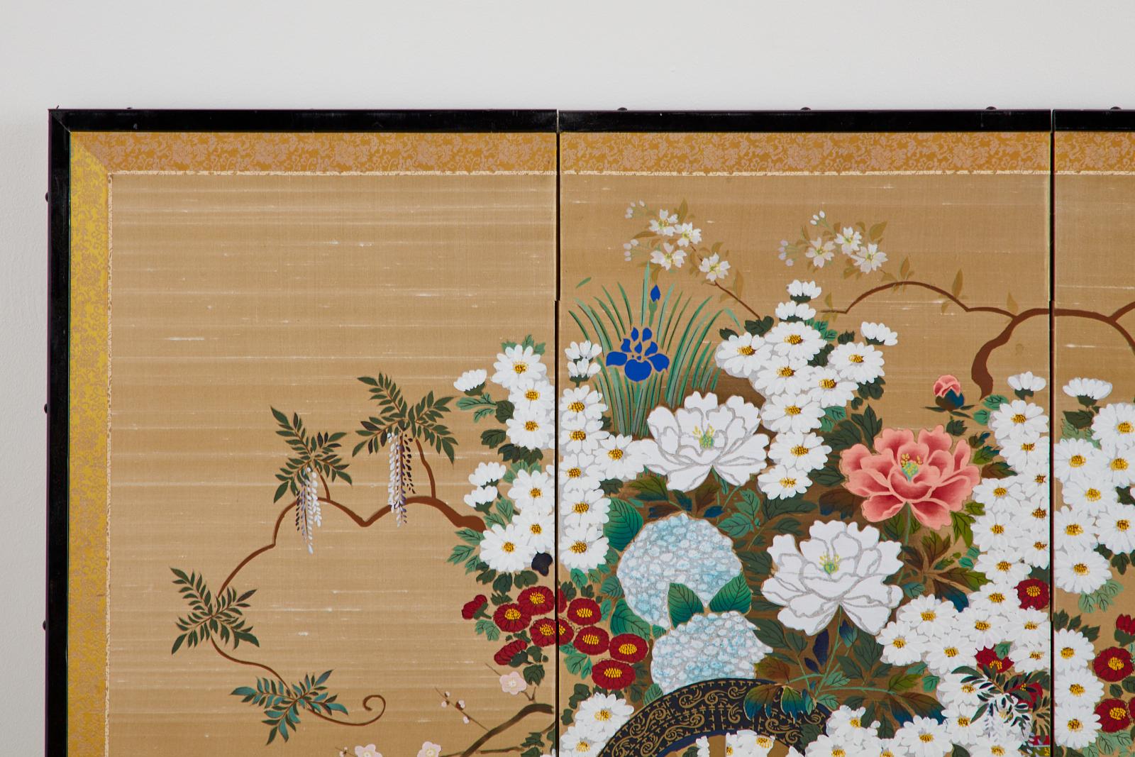 Japanese Four-Panel Showa Screen Hanaguruma Flower Cart 3