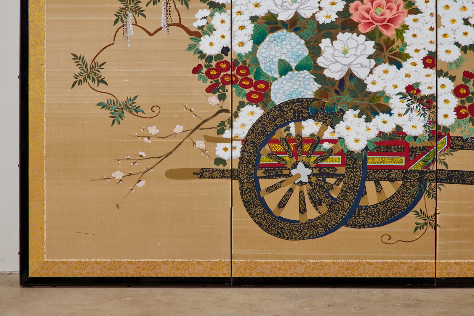 Japanese Four-Panel Showa Screen Hanaguruma Flower Cart 4