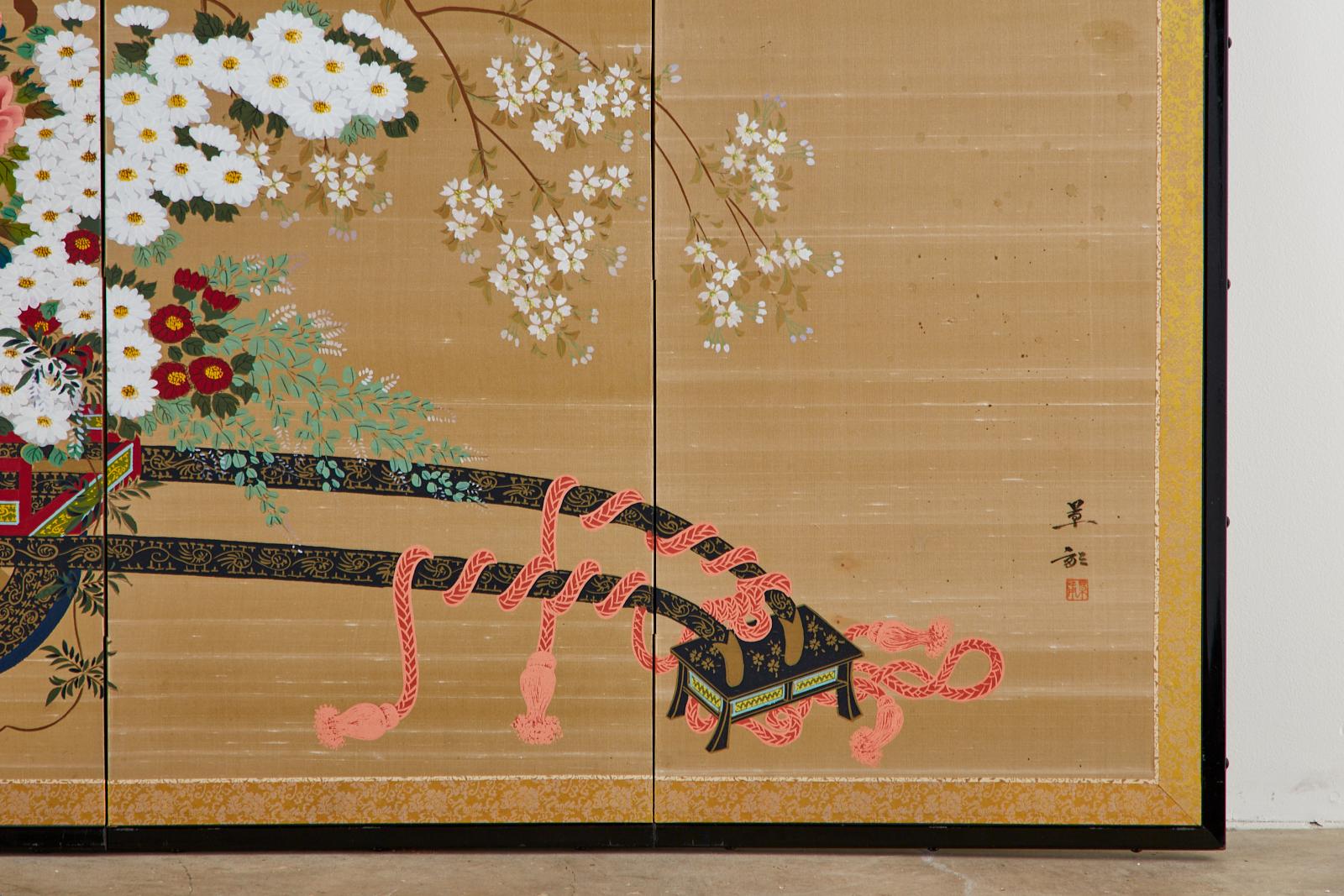 Japanese Four-Panel Showa Screen Hanaguruma Flower Cart 5