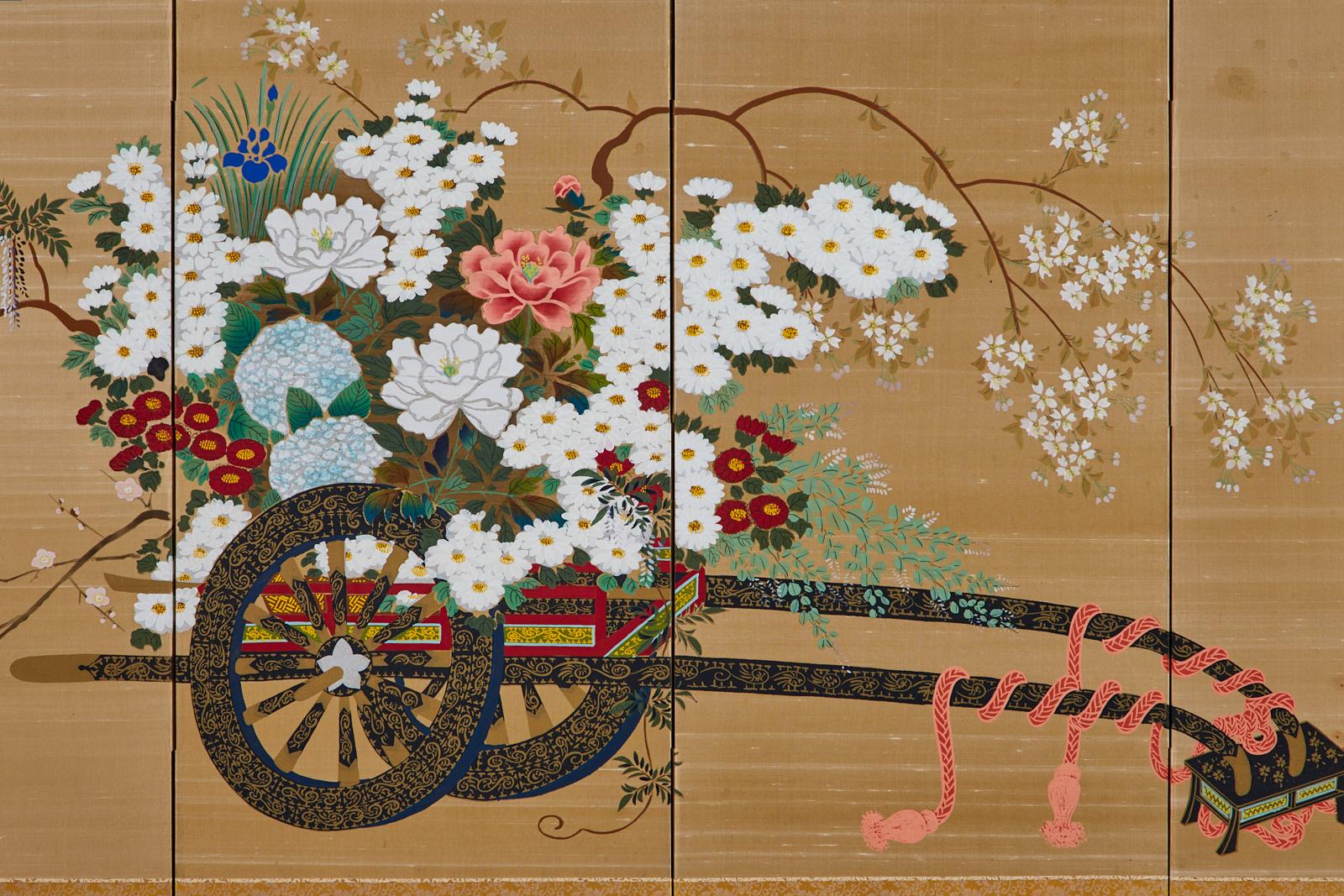 Japanese Four-Panel Showa Screen Hanaguruma Flower Cart 6